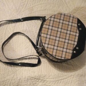 Plaid Round Crossbody Bag with Black Accents